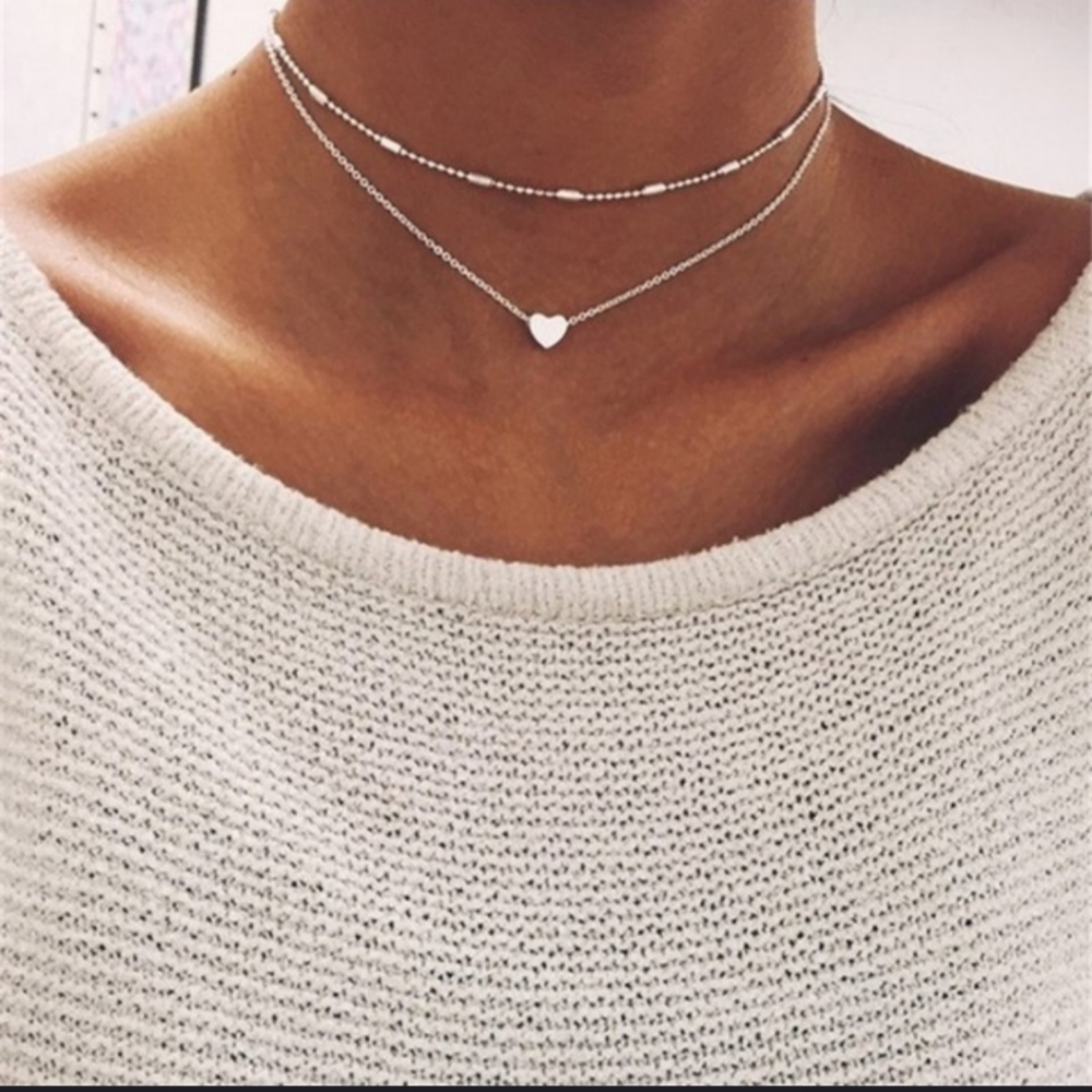 Silver double layer necklace heart choker